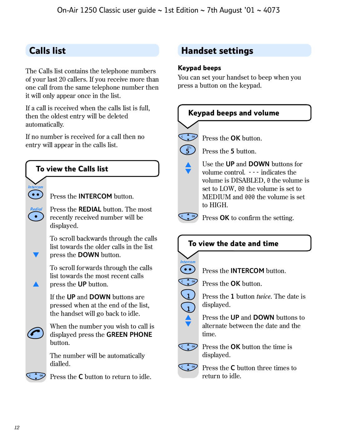 BT 1250 Classic manual Handset settings, To view the Calls list, Keypad beeps and volume, To view the date and time 