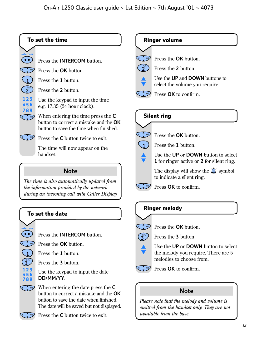 BT 1250 Classic manual Silent ring, To set the date Ringer melody 