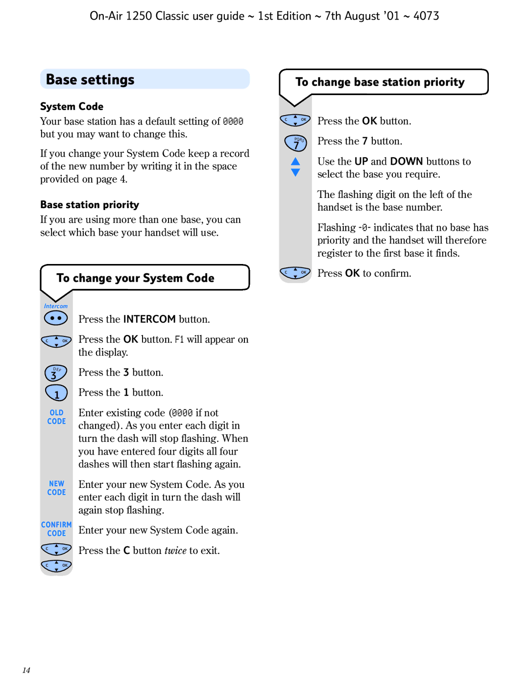 BT 1250 Classic manual Base settings, To change base station priority, To change your System Code, Base station priority 