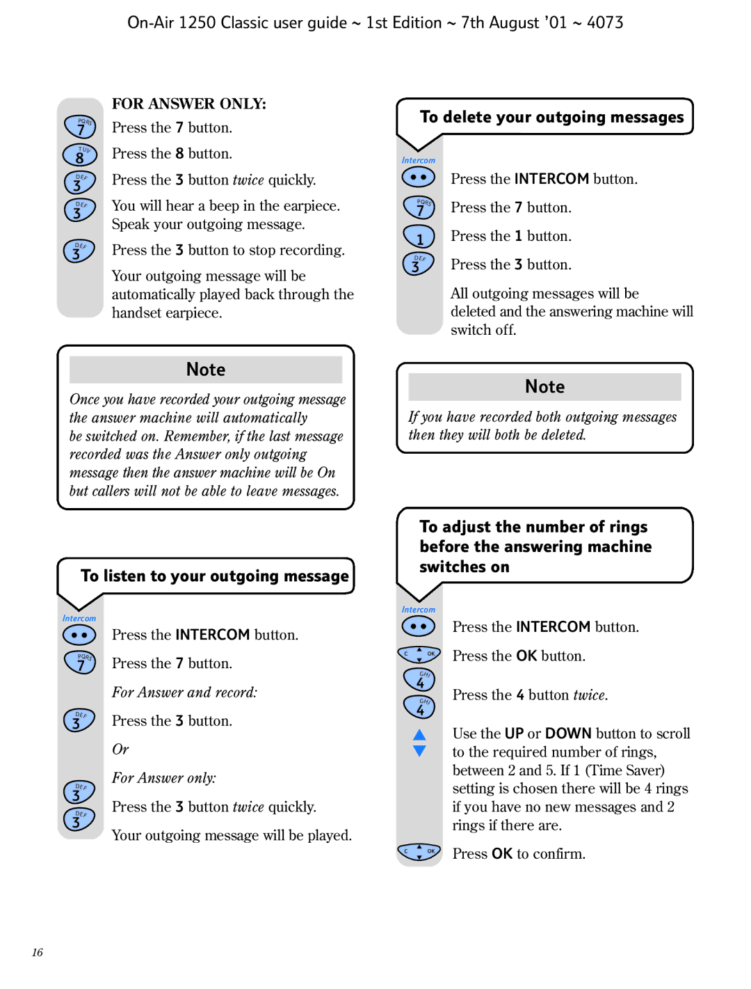 BT 1250 Classic manual To delete your outgoing messages, To listen to your outgoing message, For Answer only 