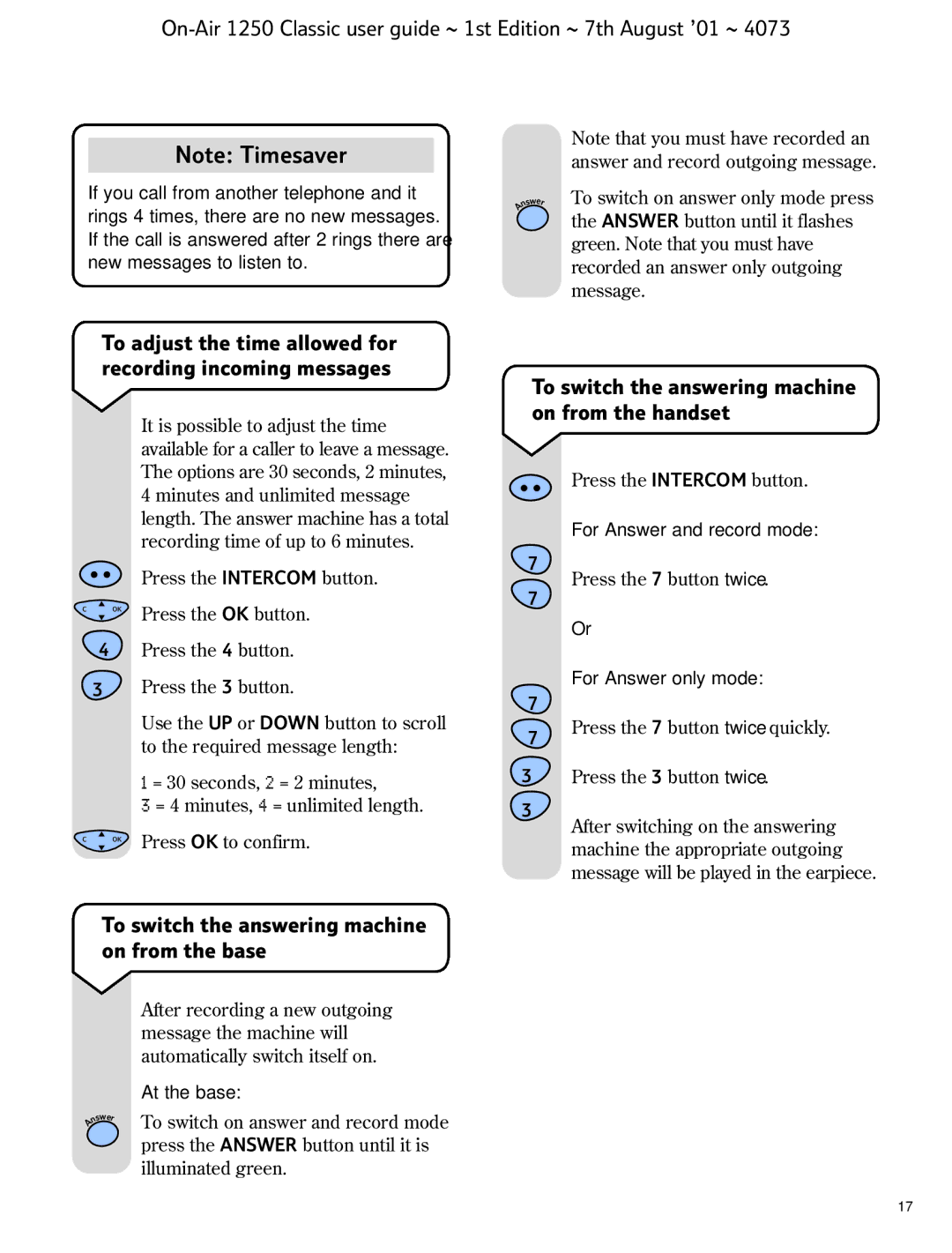 BT 1250 Classic manual To adjust the time allowed for recording incoming messages 