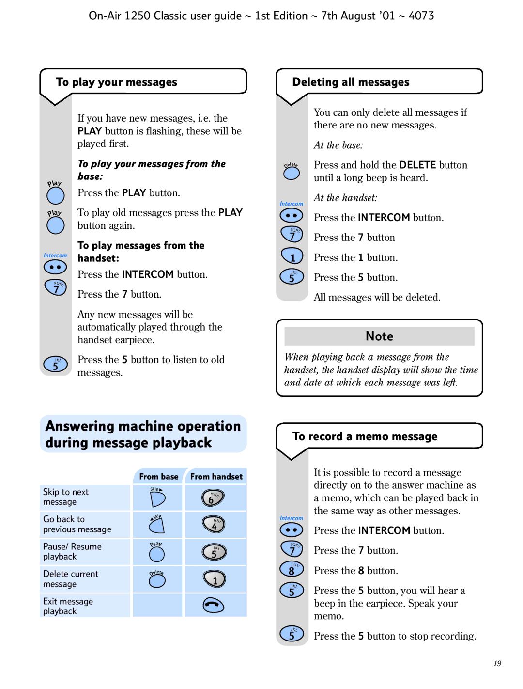 BT 1250 Classic manual Answering machine operation during message playback, Deleting all messages, To record a memo message 