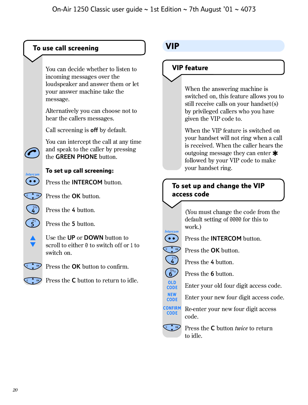 BT 1250 Classic manual VIP feature, To set up and change the VIP access code, To set up call screening 