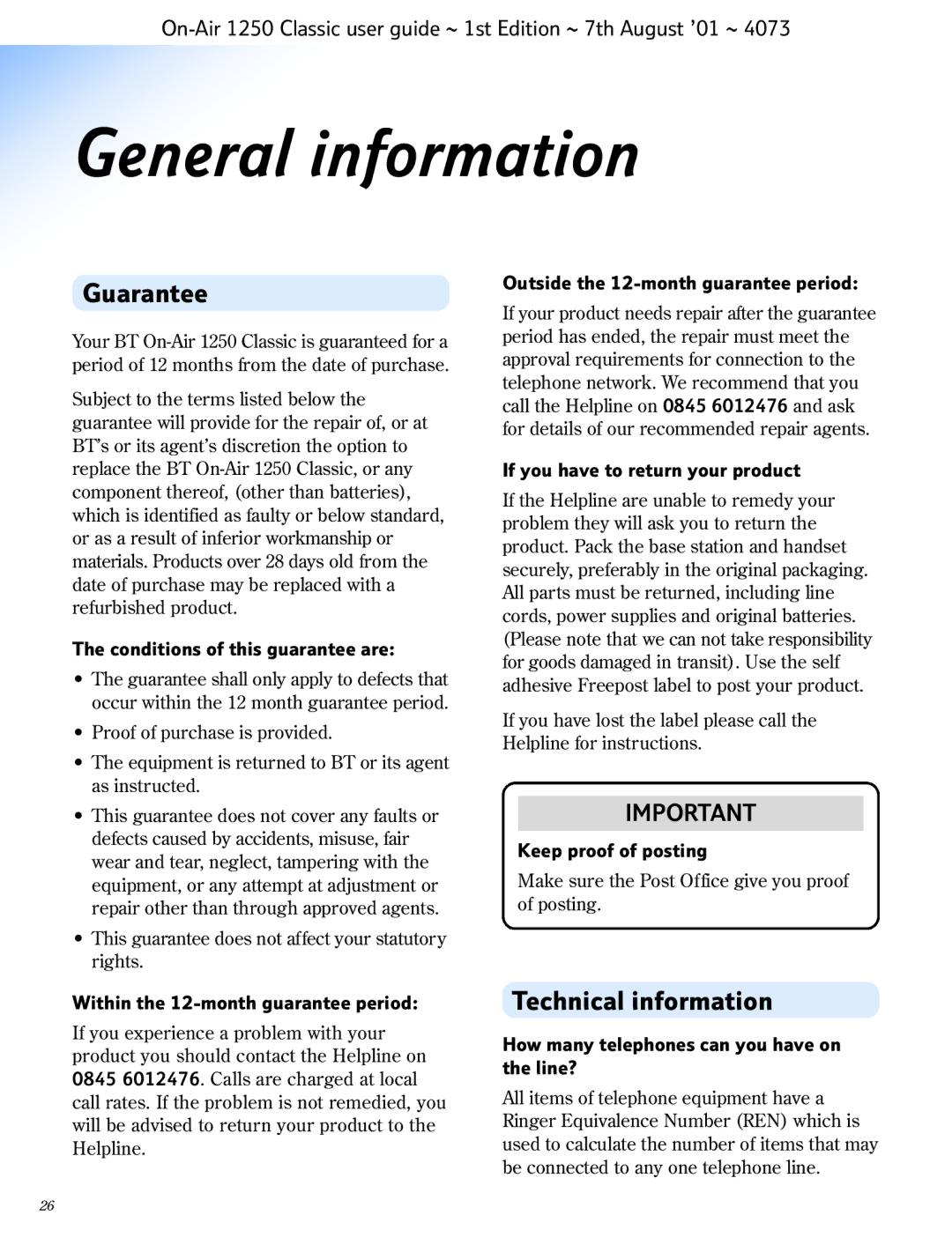 BT 1250 Classic manual General information, Guarantee, Technical information 