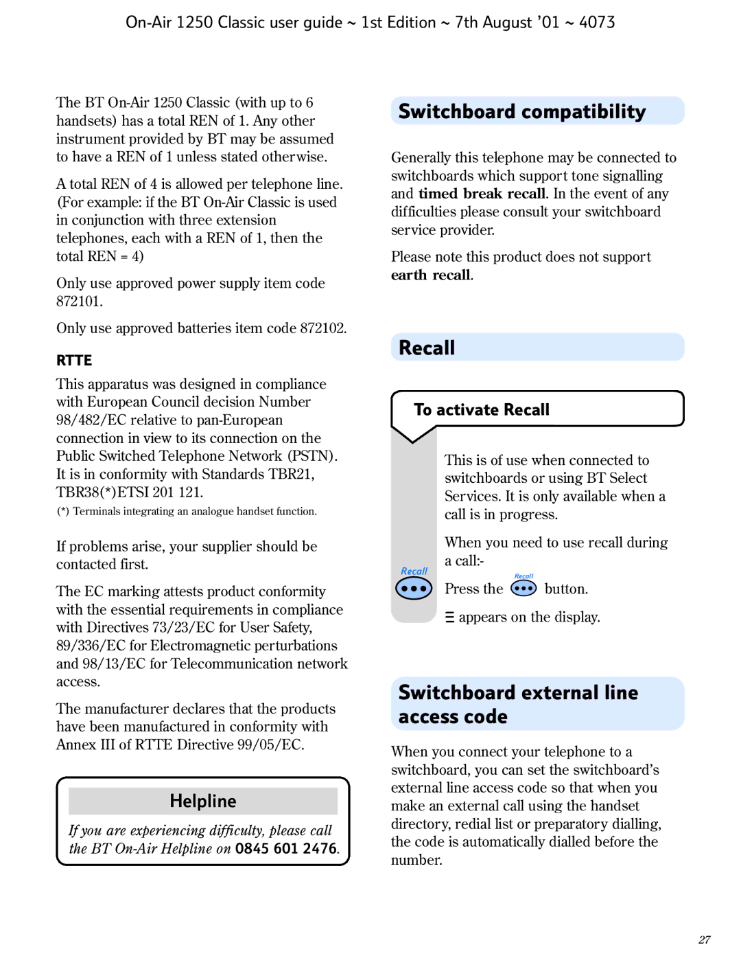 BT 1250 Classic manual Switchboard compatibility, Switchboard external line access code, To activate Recall 