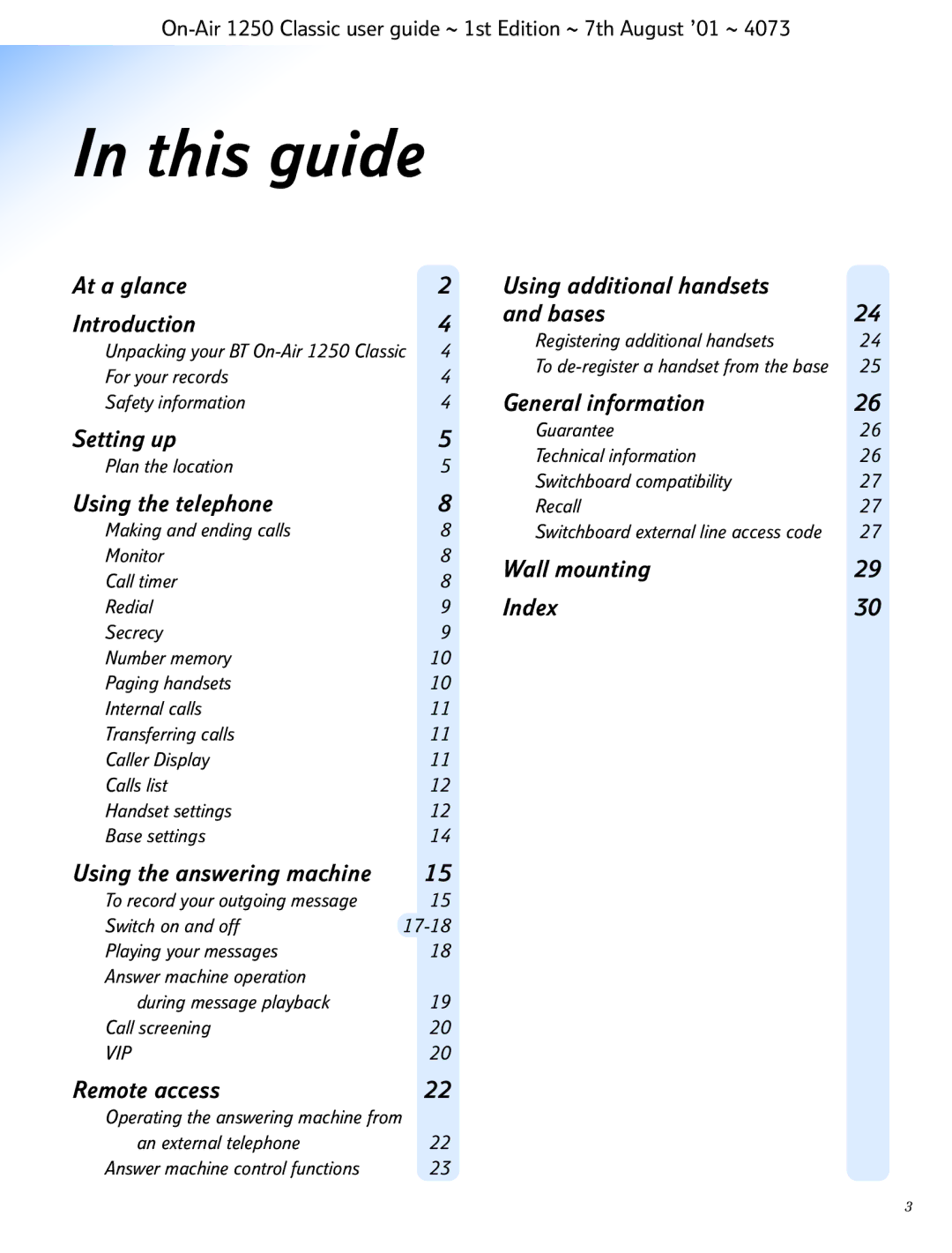 BT 1250 Classic manual This guide, At a glance Using additional handsets Introduction Bases 