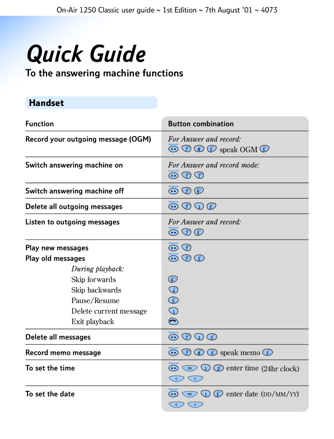 BT 1250 Classic manual Quick Guide, To the answering machine functions 