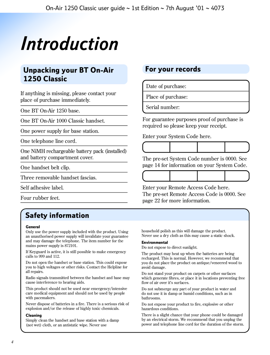 BT manual Introduction, Unpacking your BT On-Air 1250 Classic, For your records, Safety information 