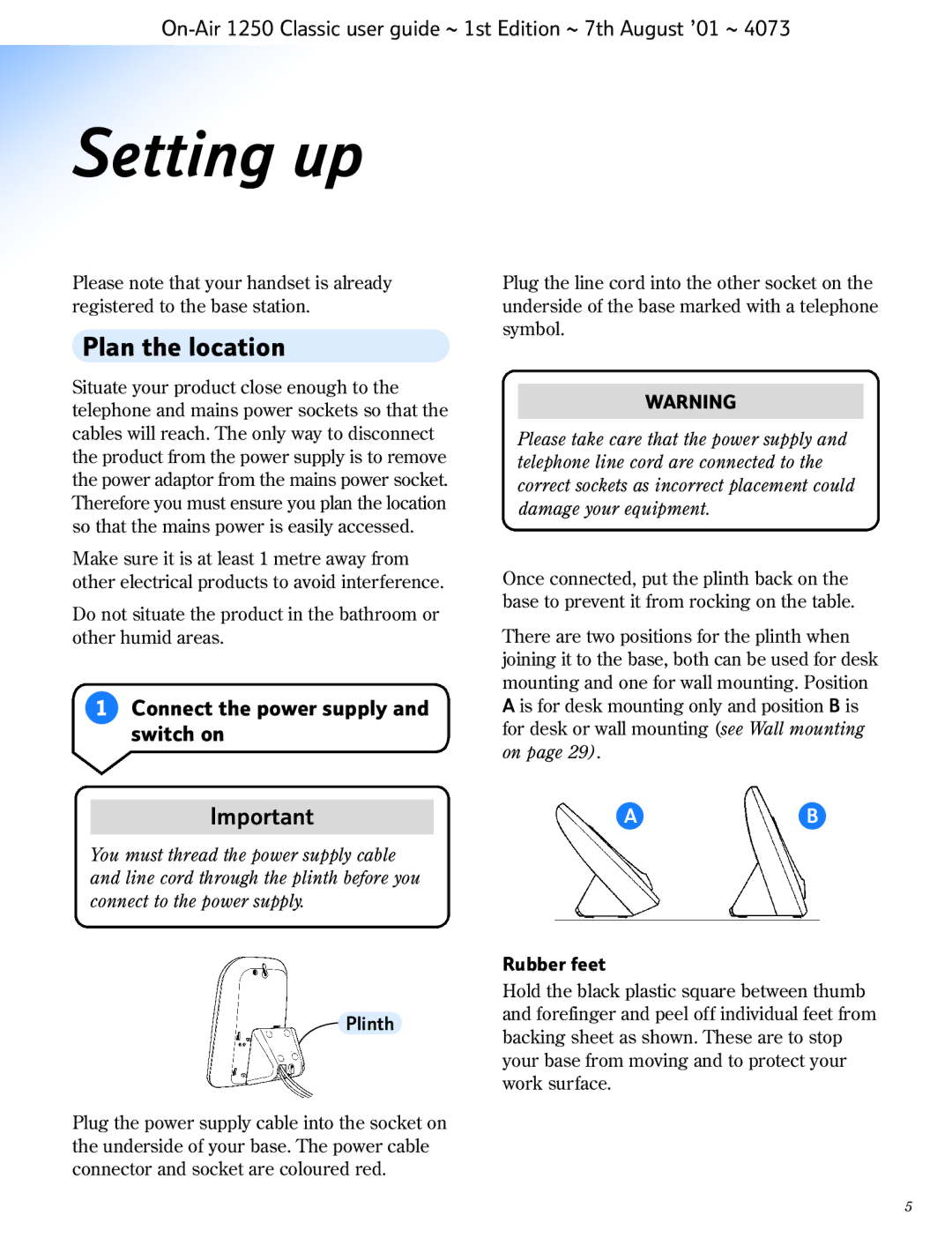 BT 1250 Classic manual Setting up, Plan the location, Connect the power supply and switch on, Plinth, Rubber feet 