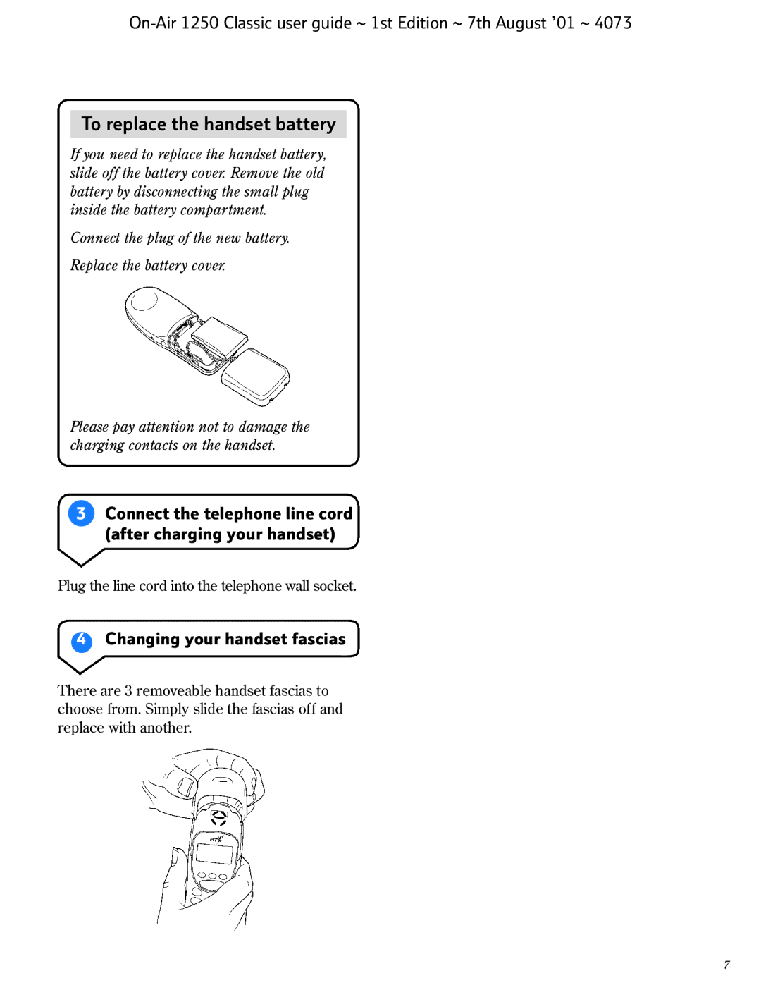 BT 1250 Classic manual Connect the telephone line cord after charging your handset, Changing your handset fascias 