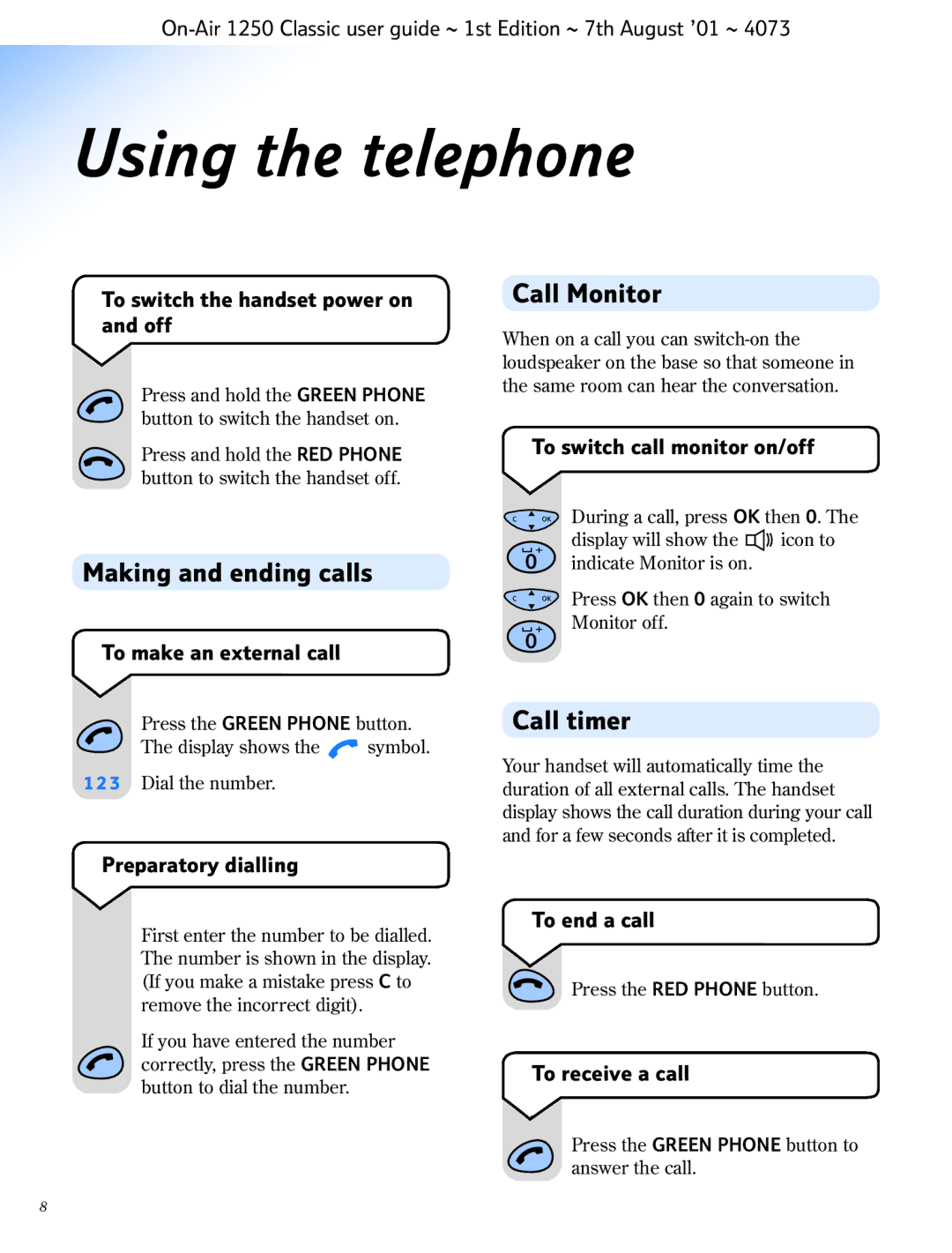 BT 1250 Classic manual Using the telephone, Call Monitor, Making and ending calls, Call timer 