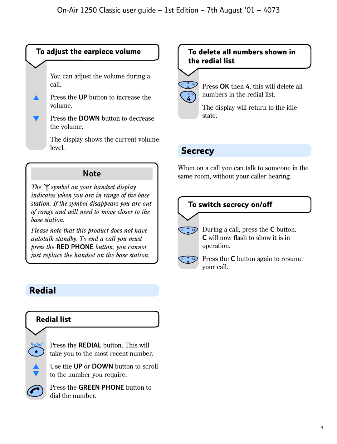 BT 1250 Classic manual Secrecy, To delete all numbers shown in the redial list, To switch secrecy on/off, Redial list 