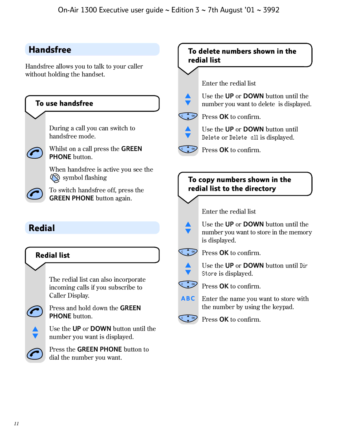 BT 1300 Executive manual Handsfree, To use handsfree, To delete numbers shown in the redial list, Redial list 