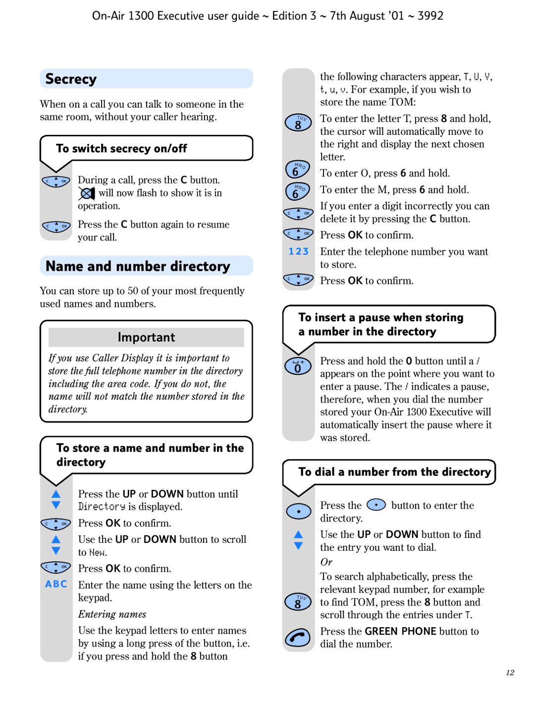 BT 1300 Executive manual Secrecy, Name and number directory, To switch secrecy on/off, To dial a number from the directory 