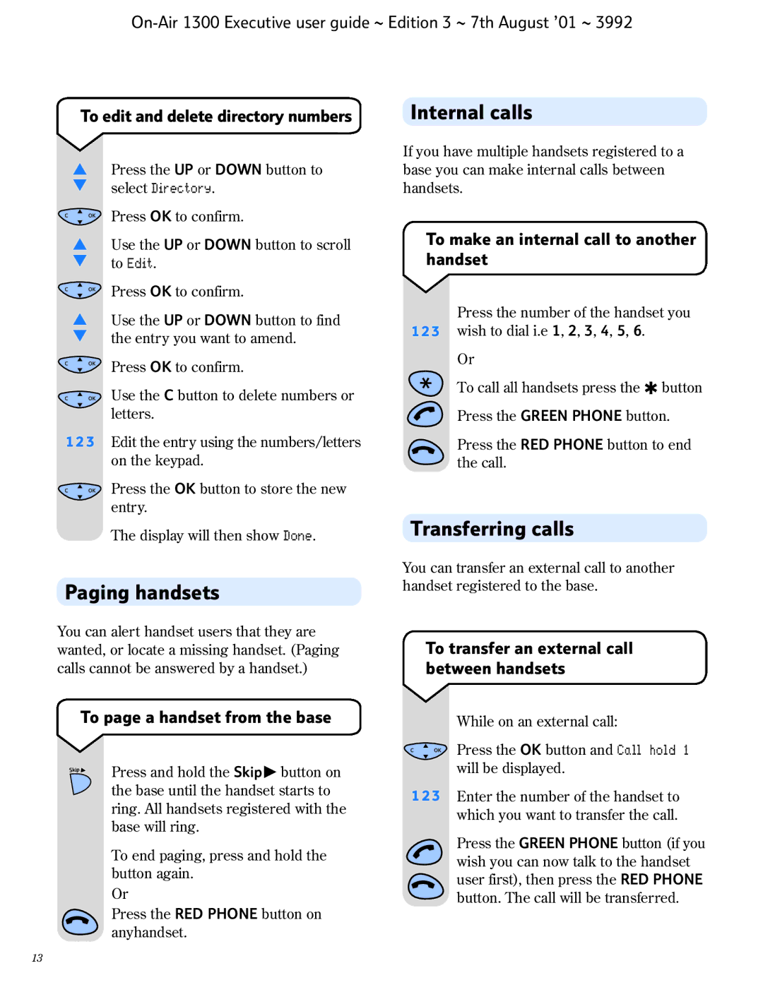 BT 1300 Executive manual Internal calls, Paging handsets, Transferring calls, To make an internal call to another handset 