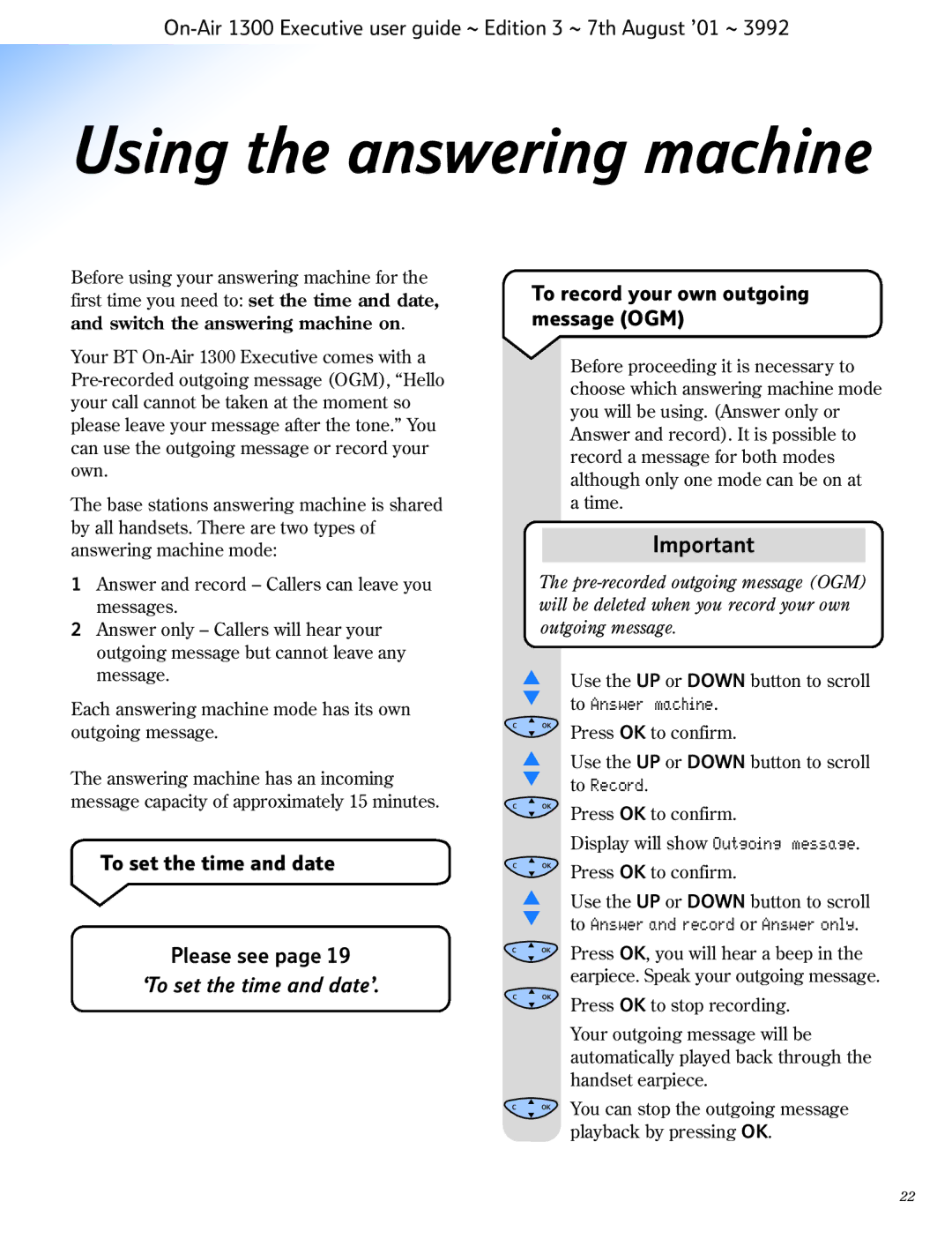 BT 1300 Executive manual To record your own outgoing message OGM, To set the time and date Please see 