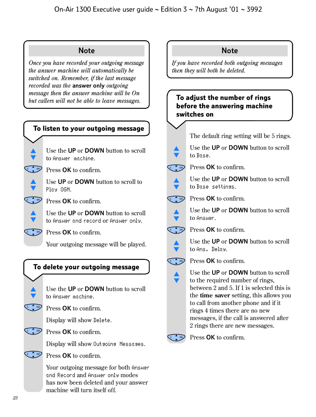 BT 1300 Executive manual To listen to your outgoing message, To delete your outgoing message 