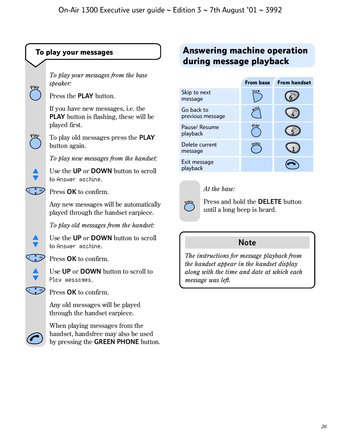 BT 1300 Executive manual Answering machine operation during message playback, To play new messages from the handset 