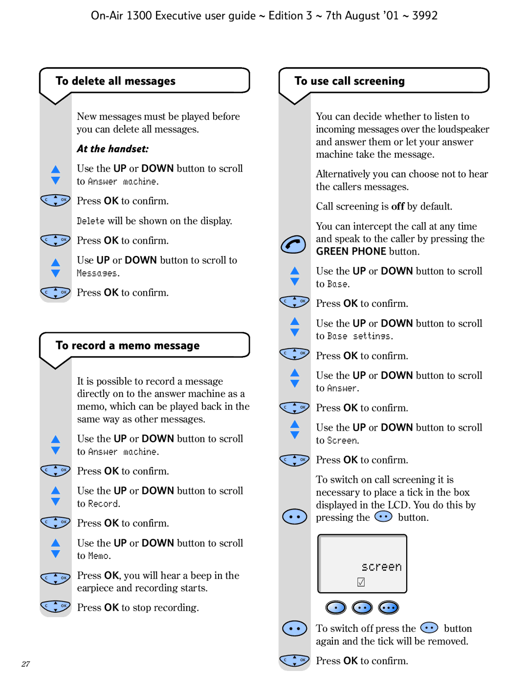 BT 1300 Executive manual To record a memo message, At the handset 