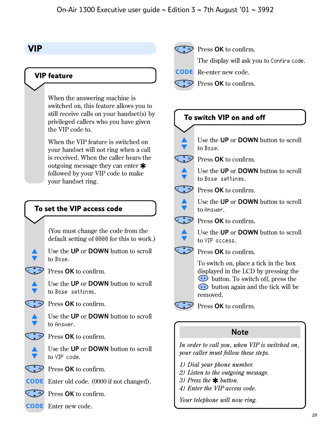 BT 1300 Executive manual VIP feature, To set the VIP access code, To switch VIP on and off 