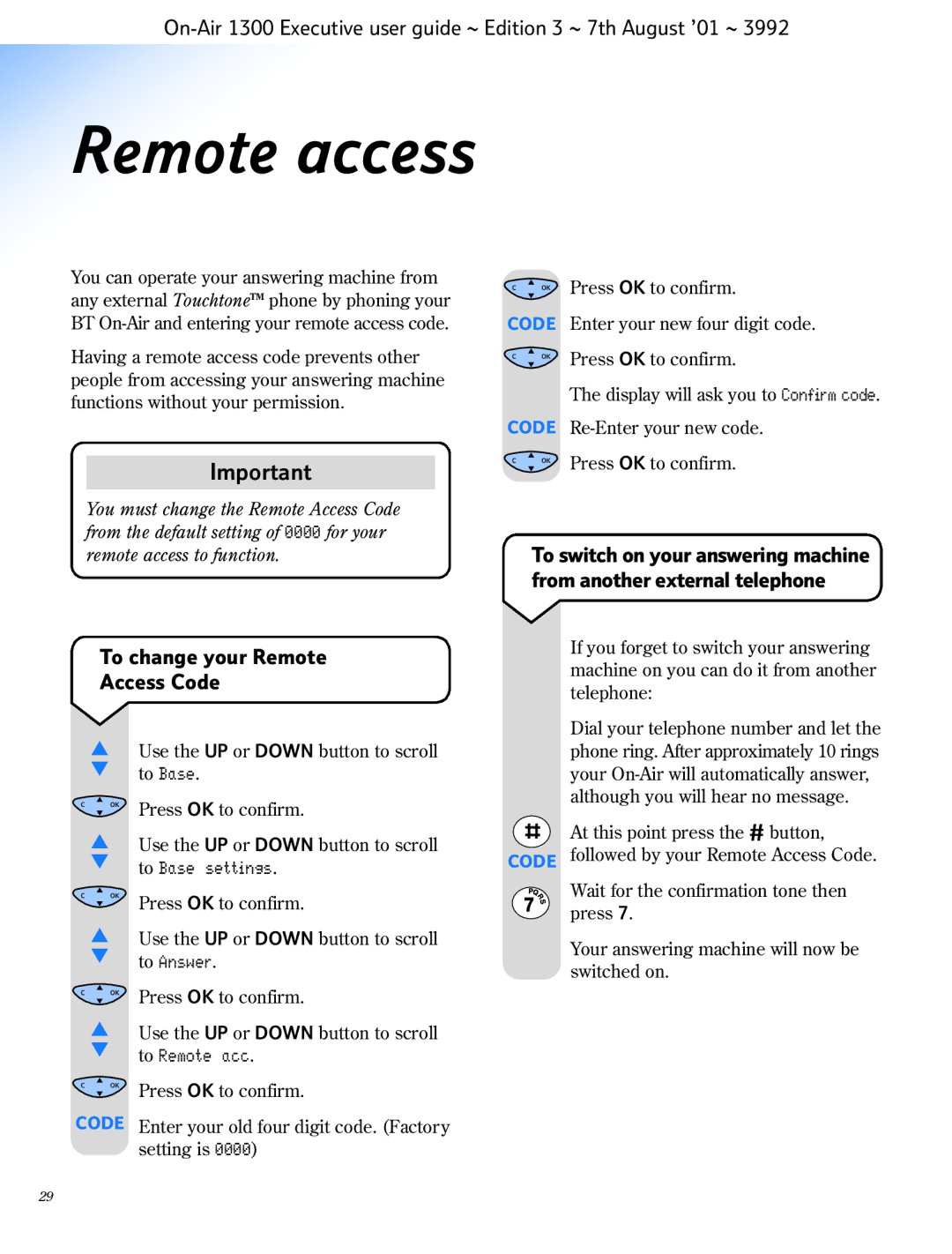 BT 1300 Executive manual Remote access, To change your Remote Access Code 