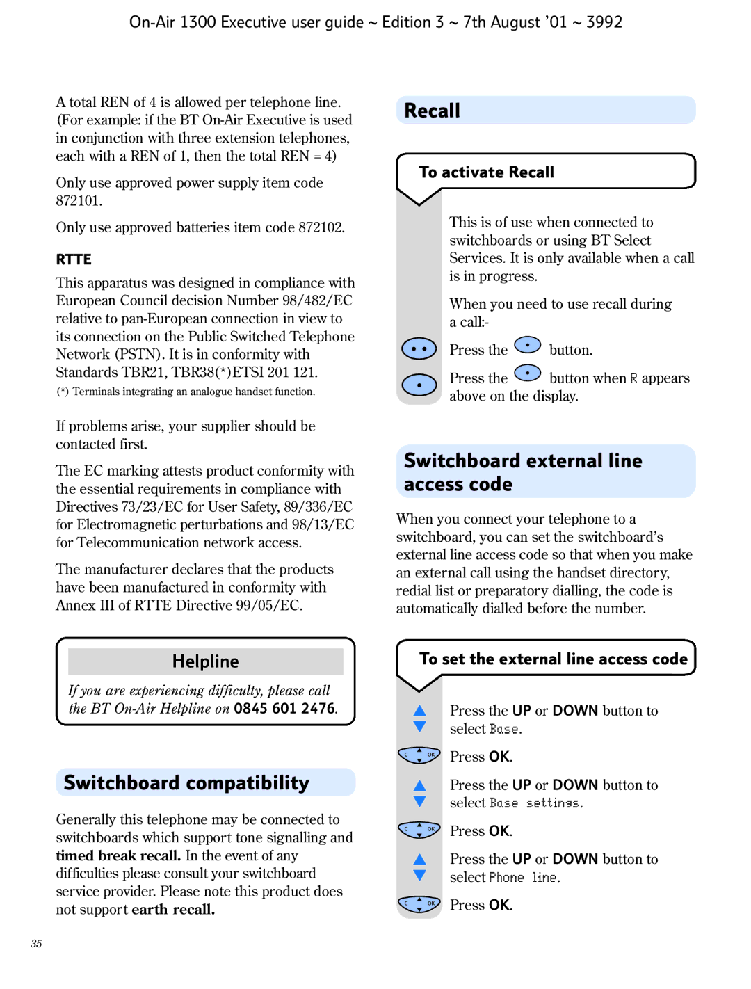 BT 1300 Executive manual Switchboard external line access code, Switchboard compatibility, To activate Recall 