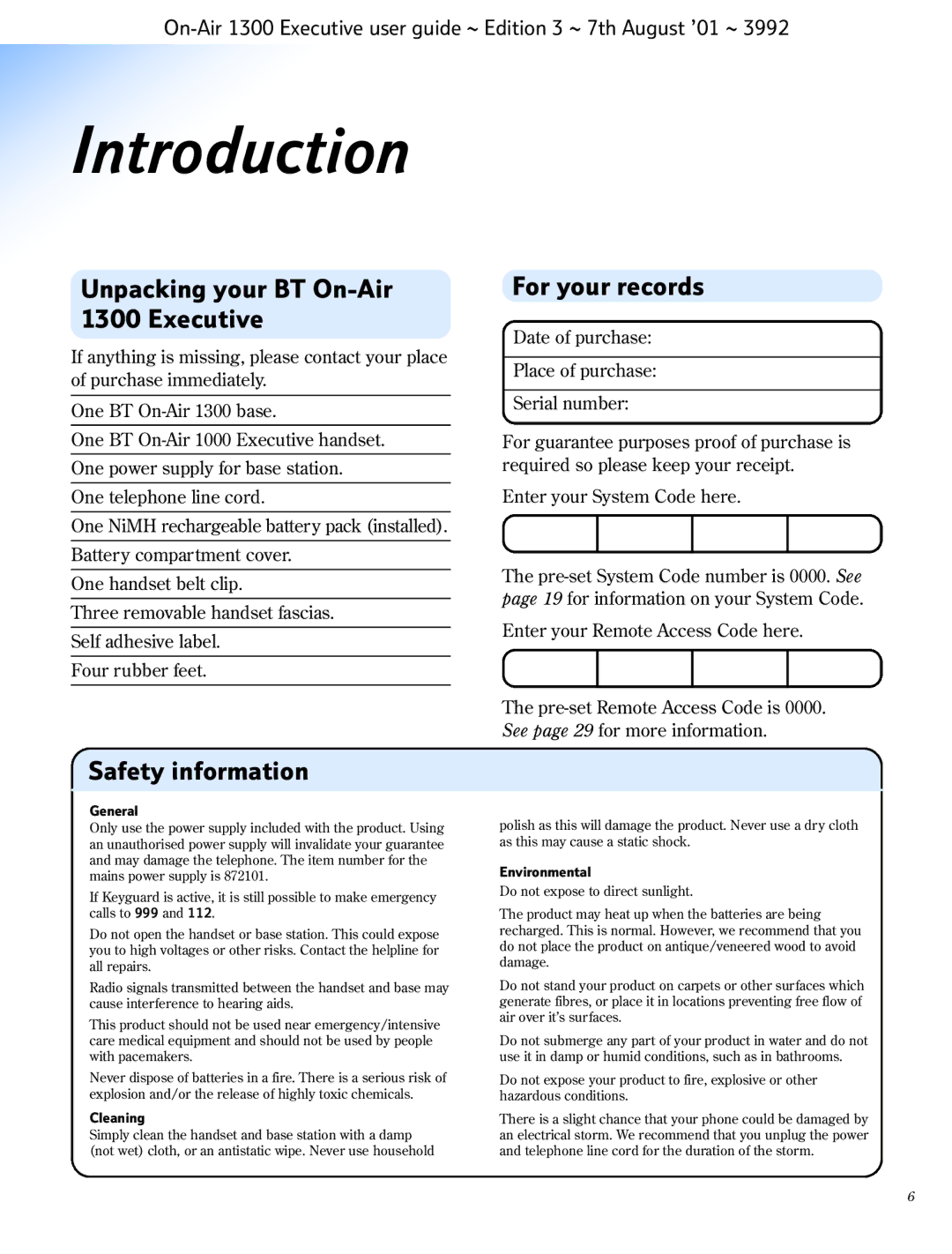 BT manual Introduction, Unpacking your BT On-Air 1300 Executive, For your records, Safety information 