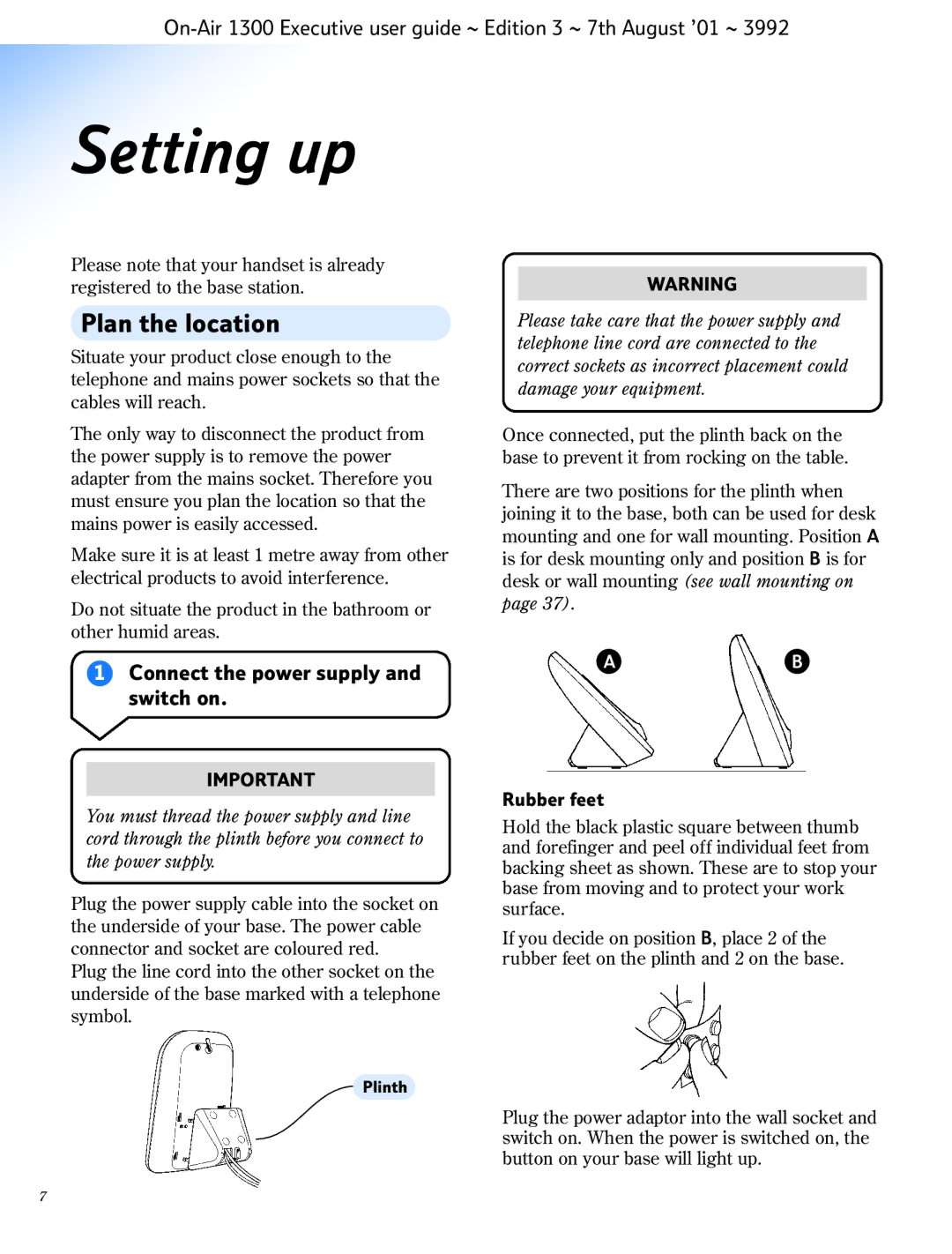 BT 1300 Executive manual Setting up, Plan the location, Connect the power supply and switch on 