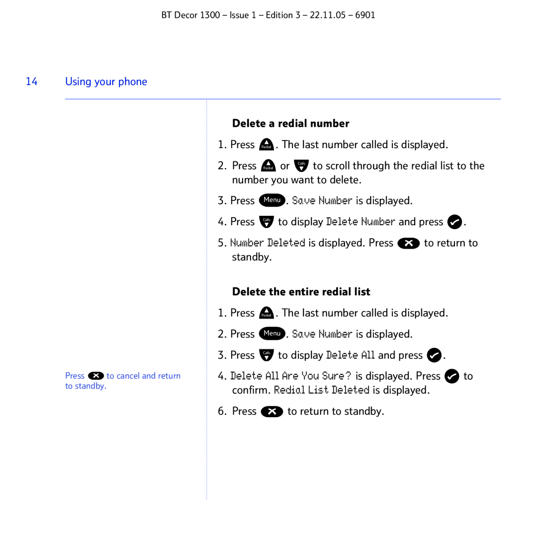 BT 1300 manual Delete All Are You Sure? is displayed. Press 