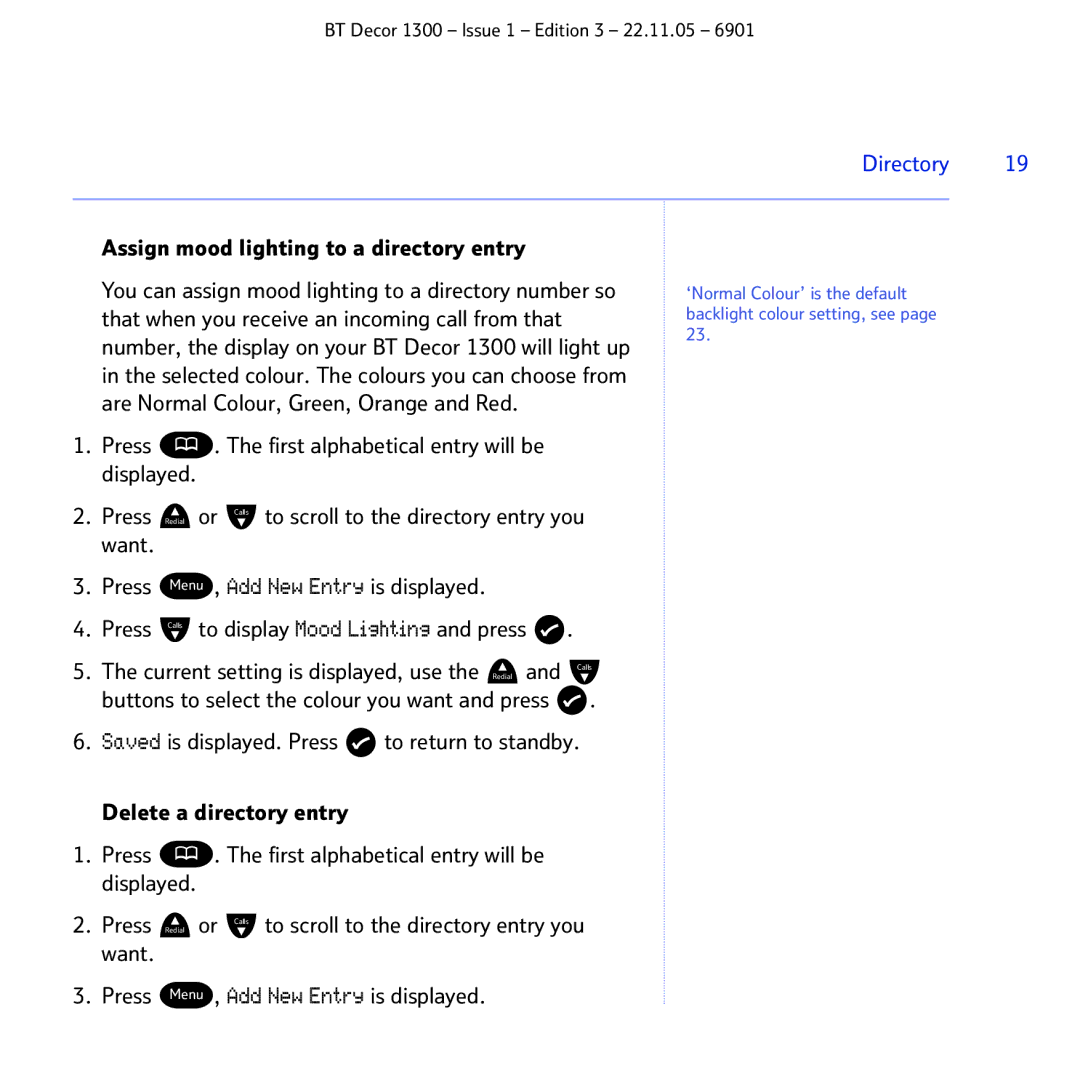 BT 1300 manual Assign mood lighting to a directory entry 