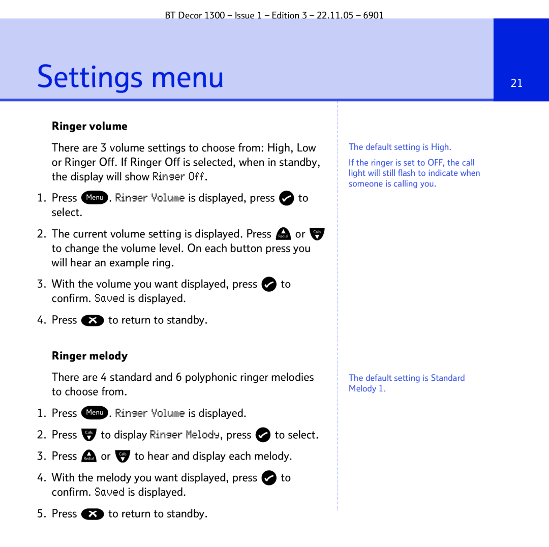 BT 1300 manual Settings menu, Default setting is High 