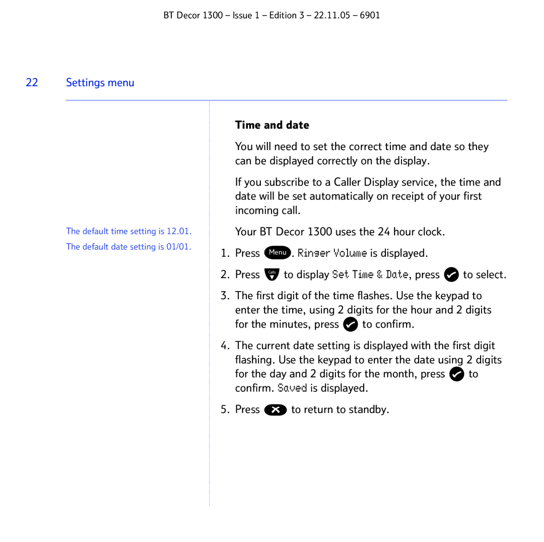 BT 1300 manual Settings menu, Time and date 