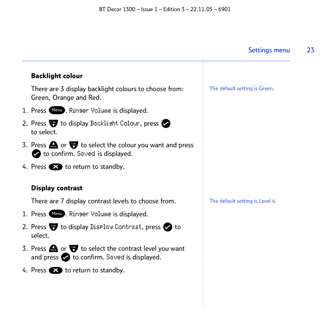 BT 1300 manual Settings menu 