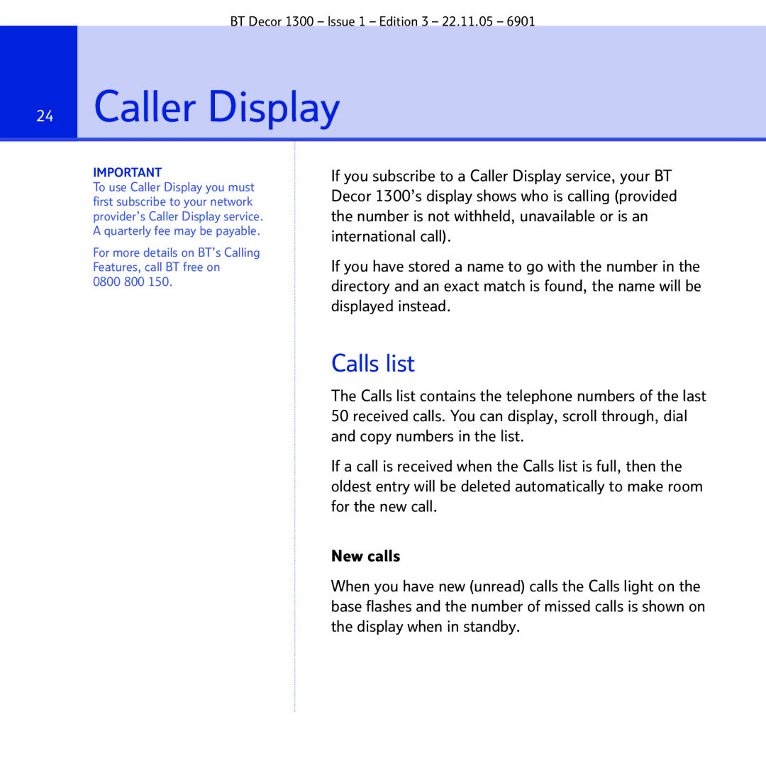 BT 1300 manual Caller Display, Calls list 