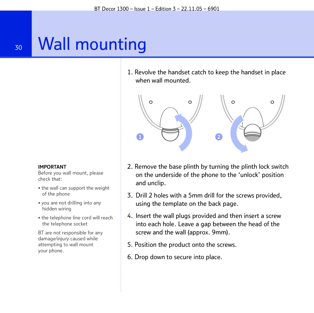 BT 1300 manual Wall mounting 