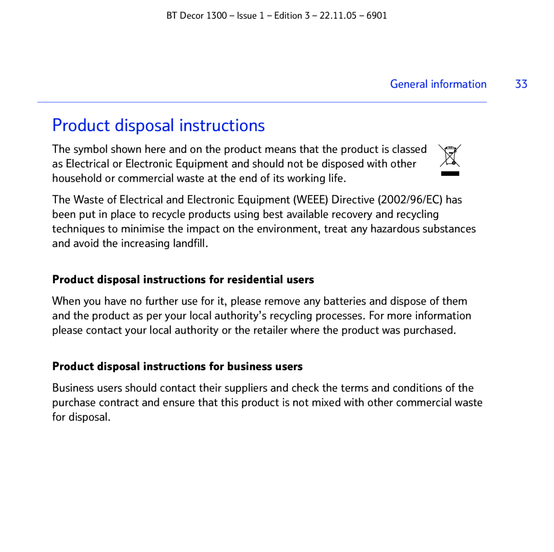 BT 1300 manual Product disposal instructions 