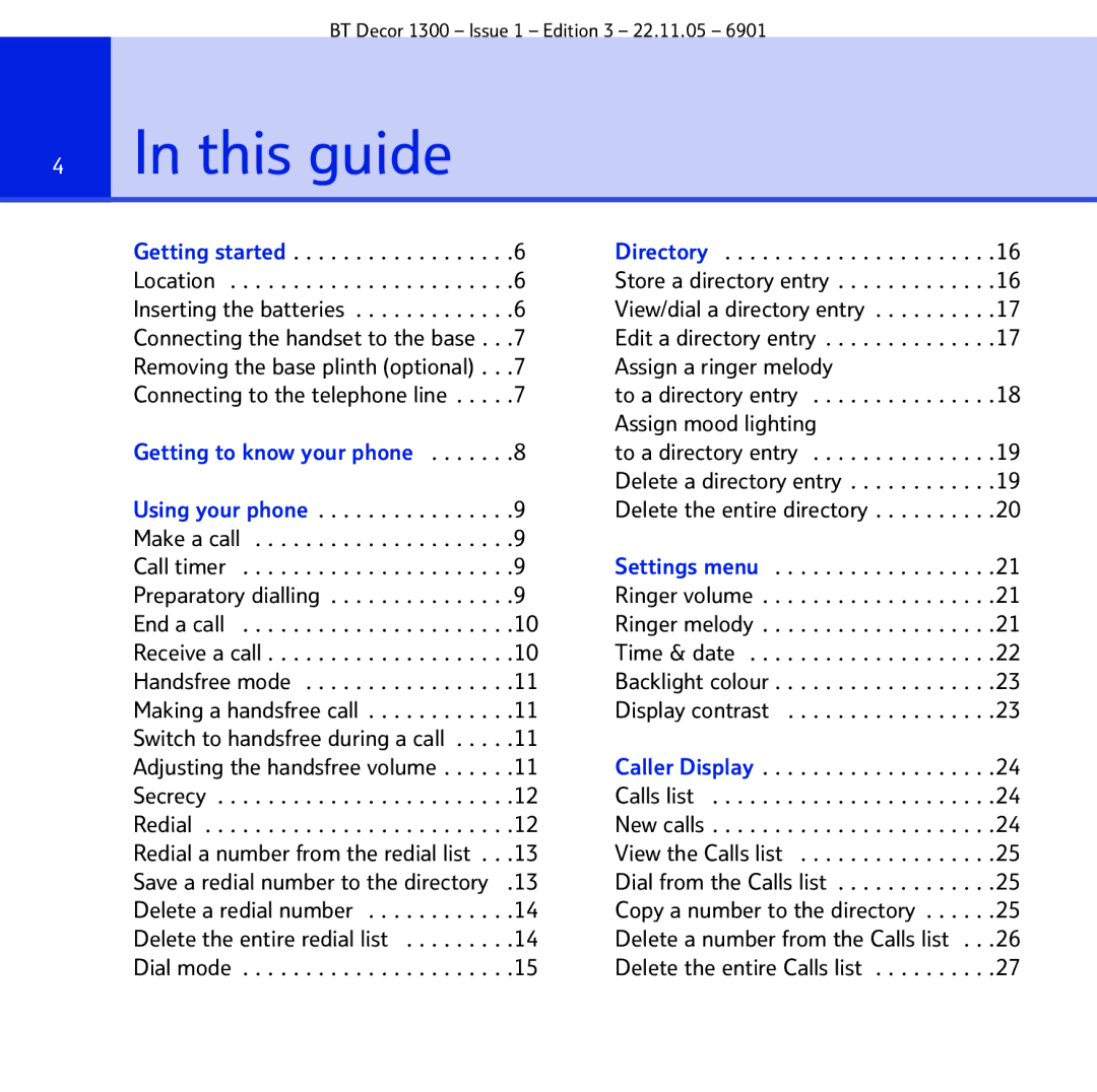 BT 1300 This guide, Using your phone Make a call Call timer, End a call Receive a call Handsfree mode, Secrecy Redial 