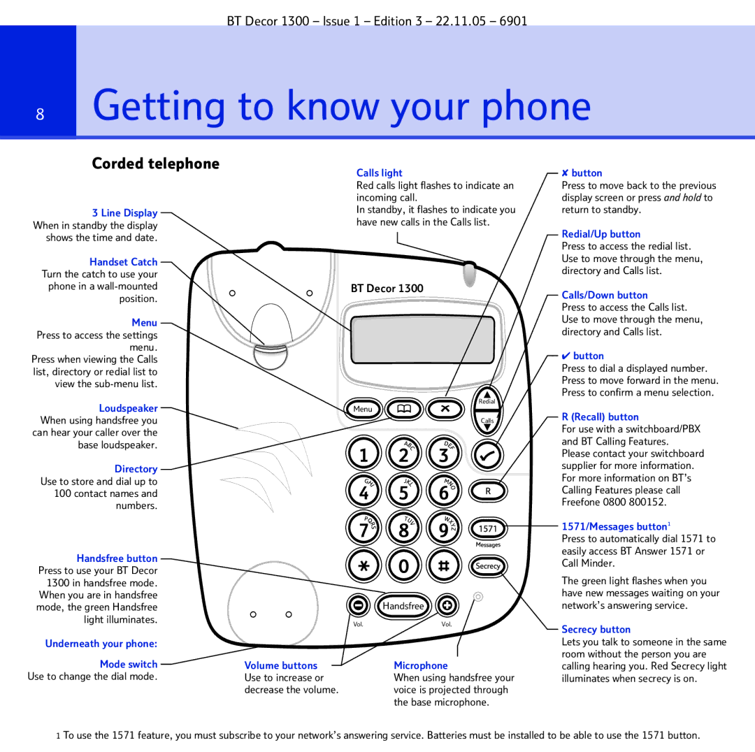 BT 1300 manual Getting to know your phone, Corded telephone 