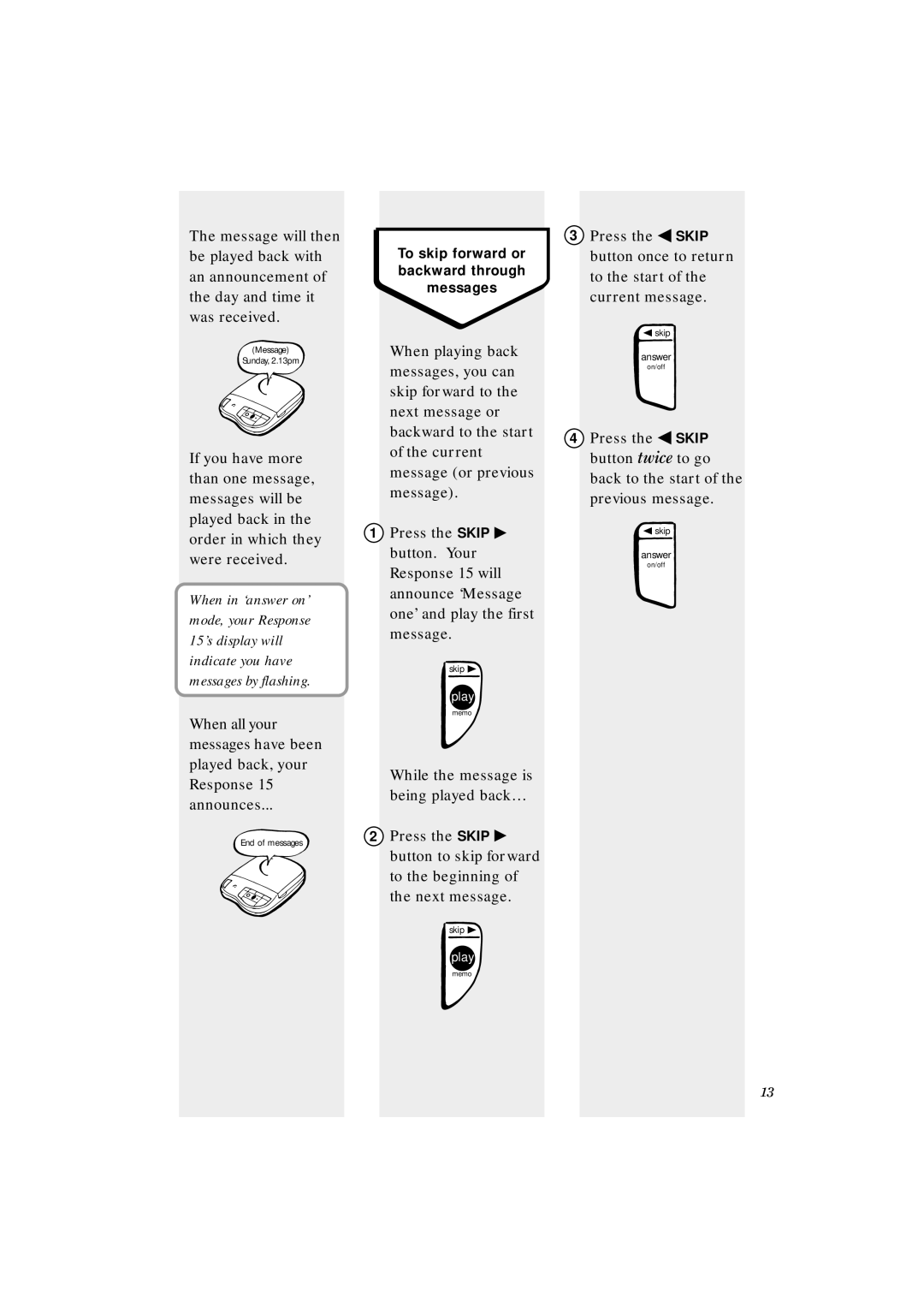 BT 15 manual To skip forward or backward through messages 