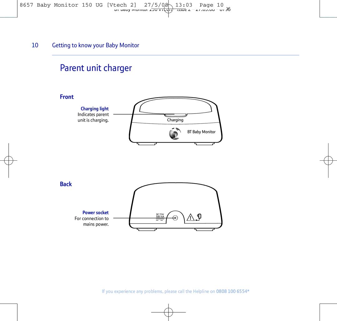 BT 150 manual Parent unit charger, Front, Back, Power socket For connection to mains power 