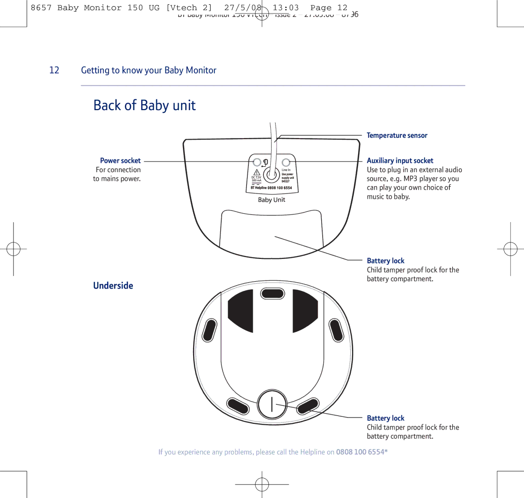 BT 150 manual Back of Baby unit, Underside, Temperature sensor, Power socket Auxiliary input socket 