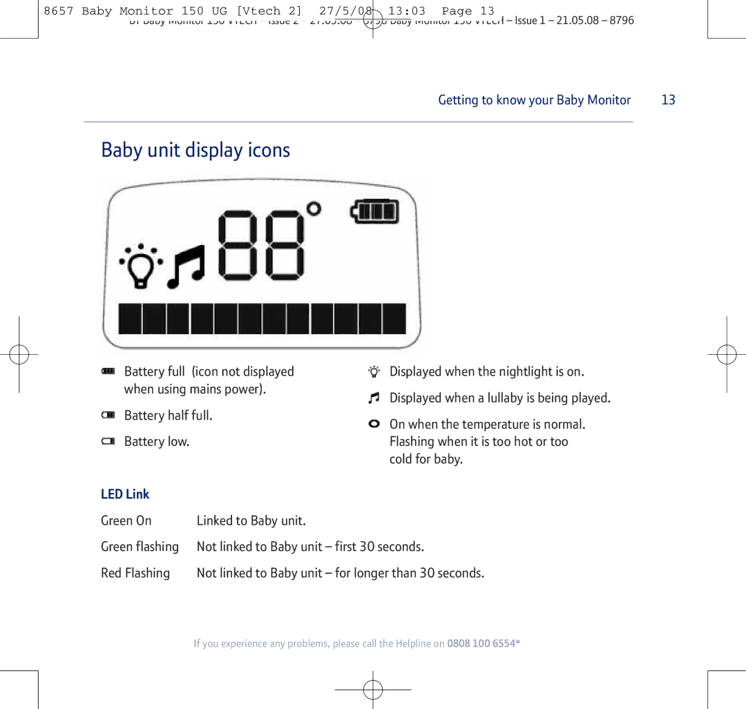 BT 150 manual Baby unit display icons, LED Link 