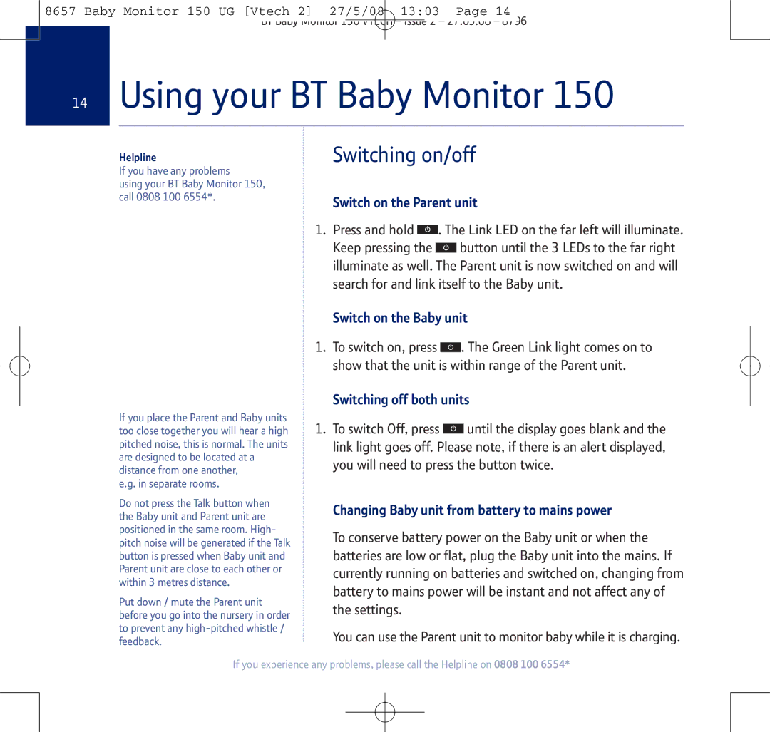 BT 150 manual Using your BT Baby Monitor, Switching on/off 