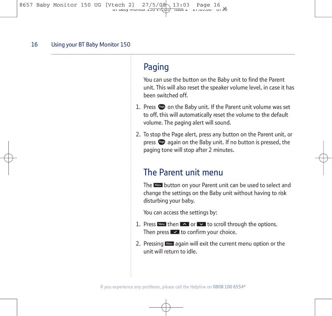 BT 150 manual Paging, Parent unit menu 