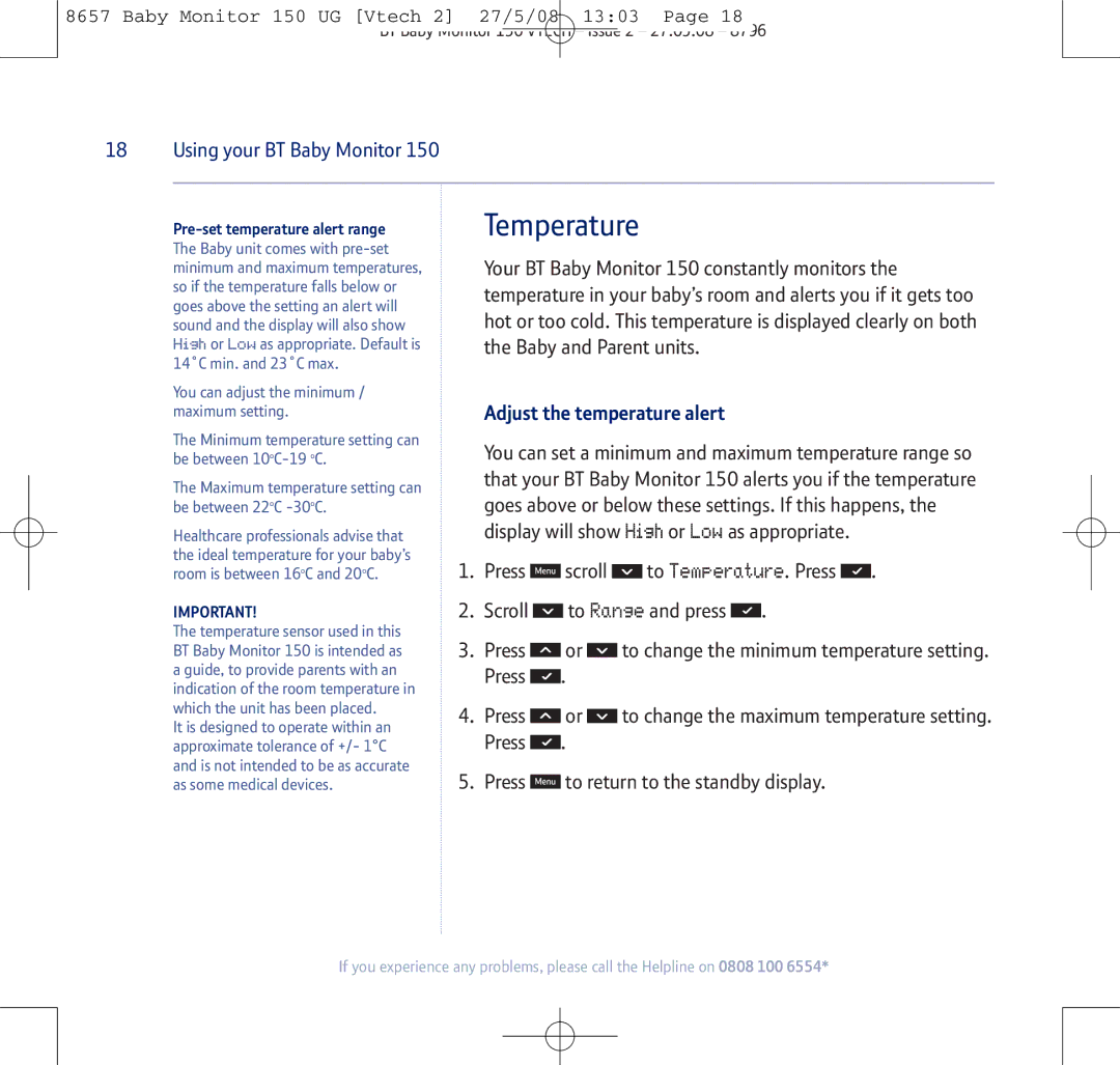 BT 150 manual Temperature, Pre-set temperature alert range 