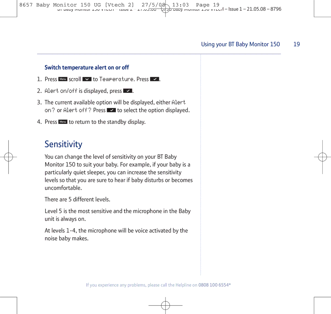 BT 150 manual Sensitivity, Switch temperature alert on or off 