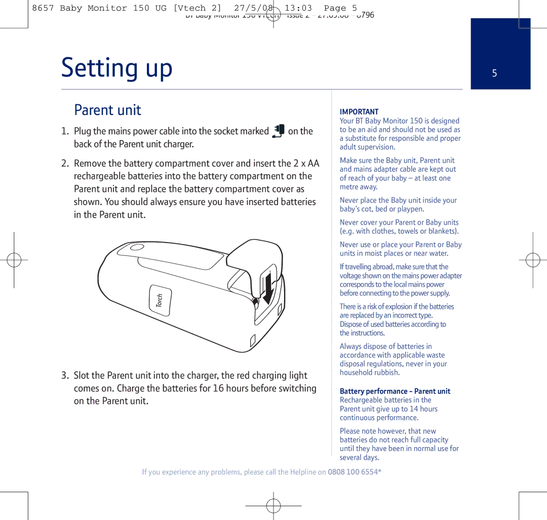 BT 150 manual Setting up, Battery performance Parent unit 