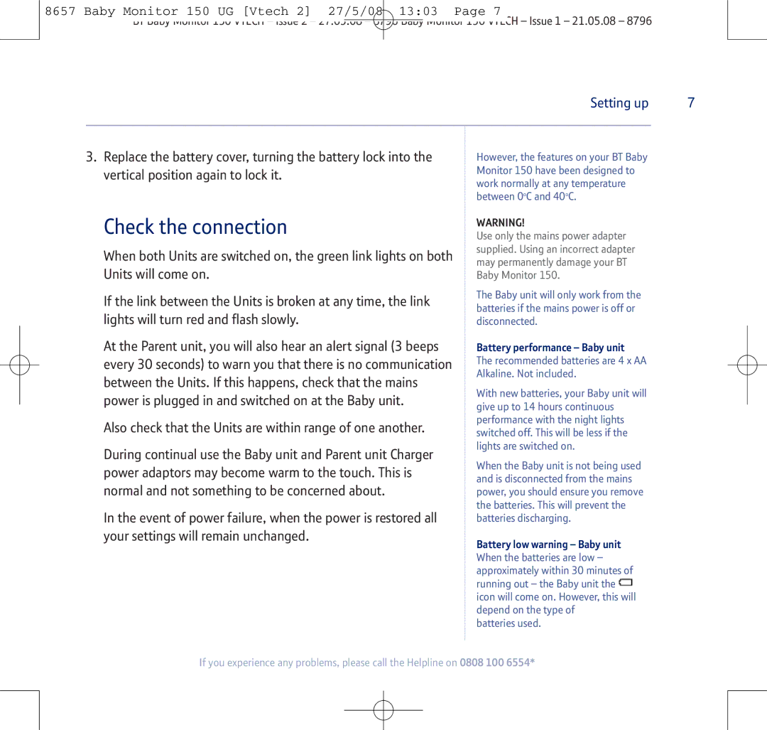 BT 150 manual Check the connection, Battery performance Baby unit 