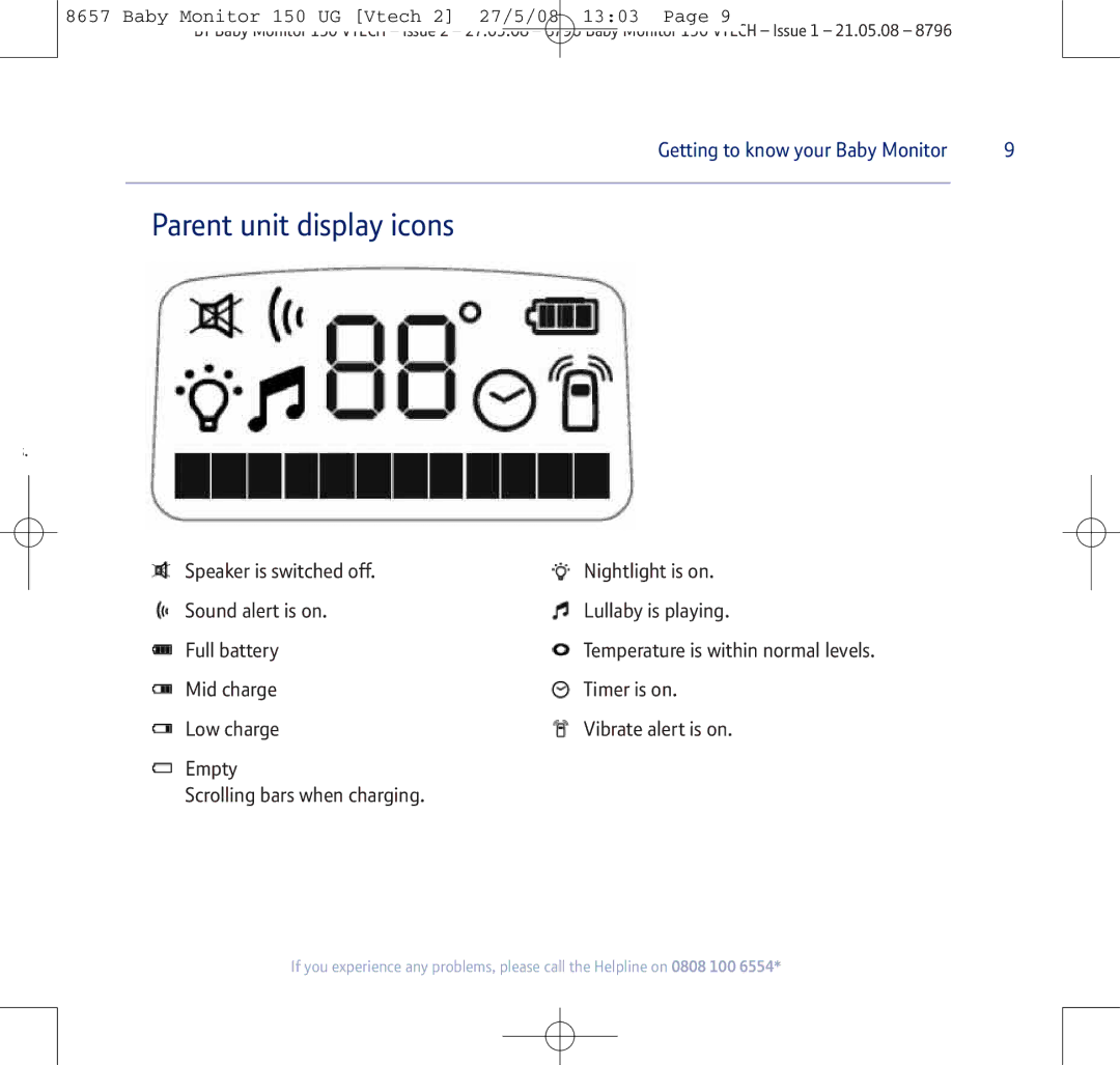 BT 150 manual Parent unit display icons 