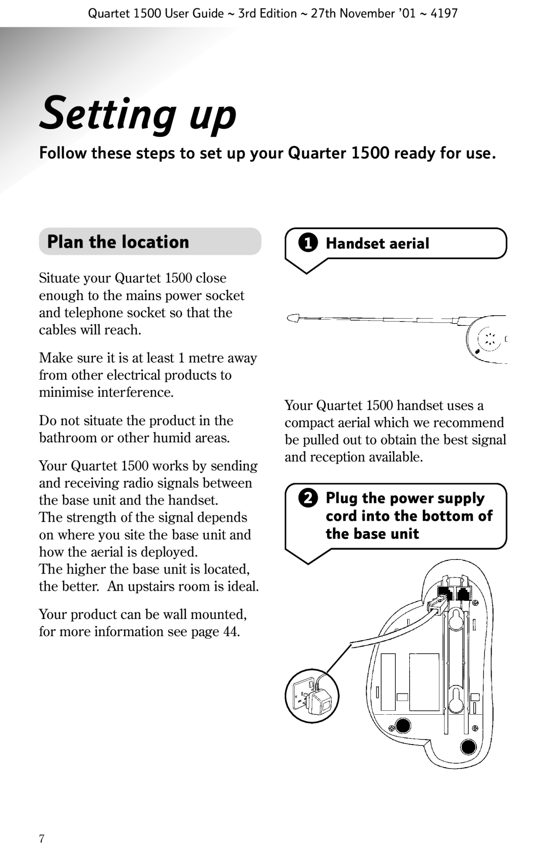 BT 1500 manual Setting up, Plug the power supply cord into the bottom of the base unit 